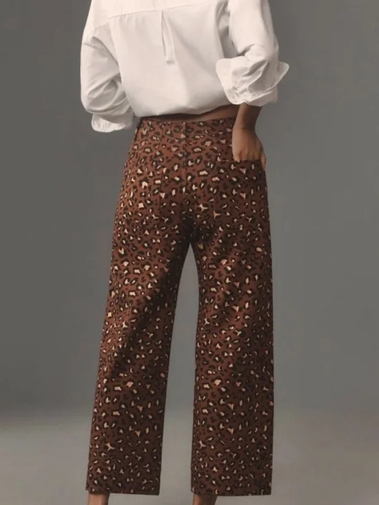 Maeve The Colette Leopard Print Crop Wide Leg Pants in Brown - Size 32 - Picture 2 of 8